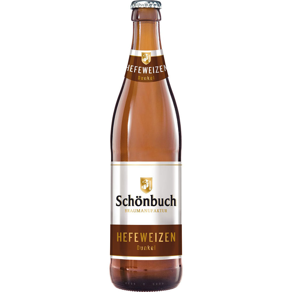 Eine Braunglasflasche Schönbuch Bräu Hefe Dunkel 20x 0,5 Liter (MEHRWEG), ein klassisches Weizenbier von Schönbuch Bräu, mit einem weißen und braunen Etikett.
