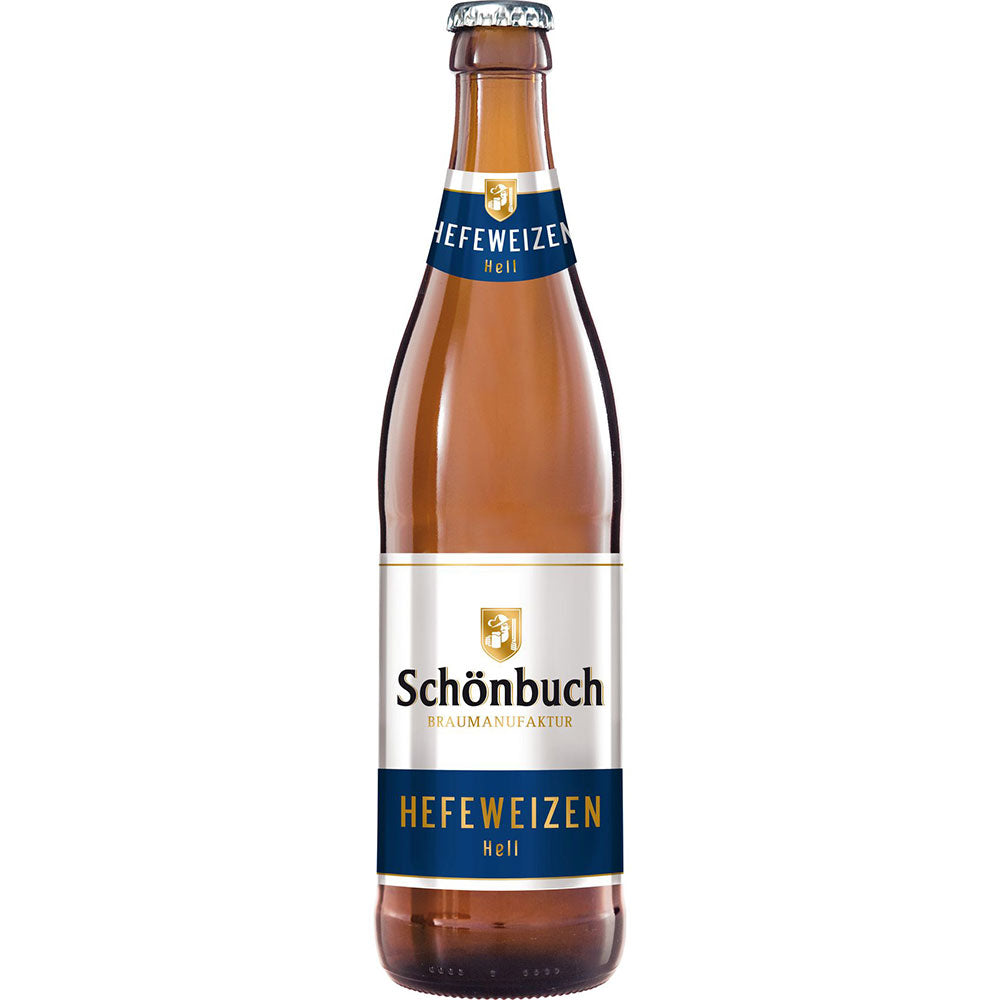 Eine Schönbuch Bräu Hefe Hell 0,5L Flasche im 20er-Pack (MEHRWEG) mit blau-weißem Etikett auf klarem Glas unterstreicht dieses erfrischende Weißbier der Marke Schönbuch Bräu.