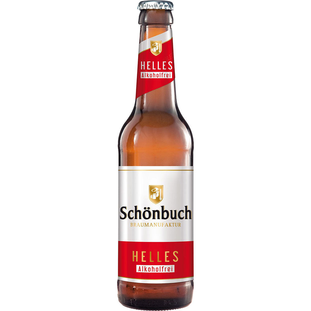 Eine 0,33-Liter-Flasche Schönbuch Bräu Helles Alkoholfrei von Schönbuch Bräu mit roter und weißer Aufschrift auf weißem Hintergrund. Erhältlich im 24er-Pack (MEHRWEG).