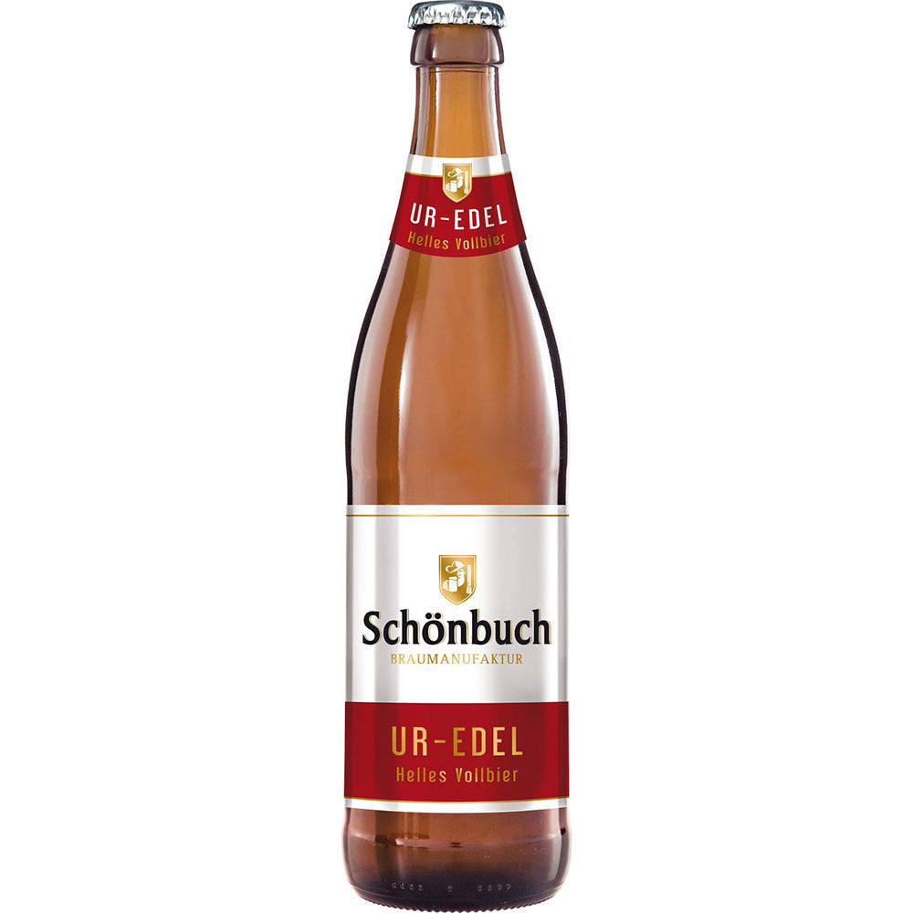 Eine Braunglasflasche Schönbuch Bräu Uredel 20x 0,5 Liter (MEHRWEG) von Schönbuch Bräu, mit roten und weißen Etiketten.