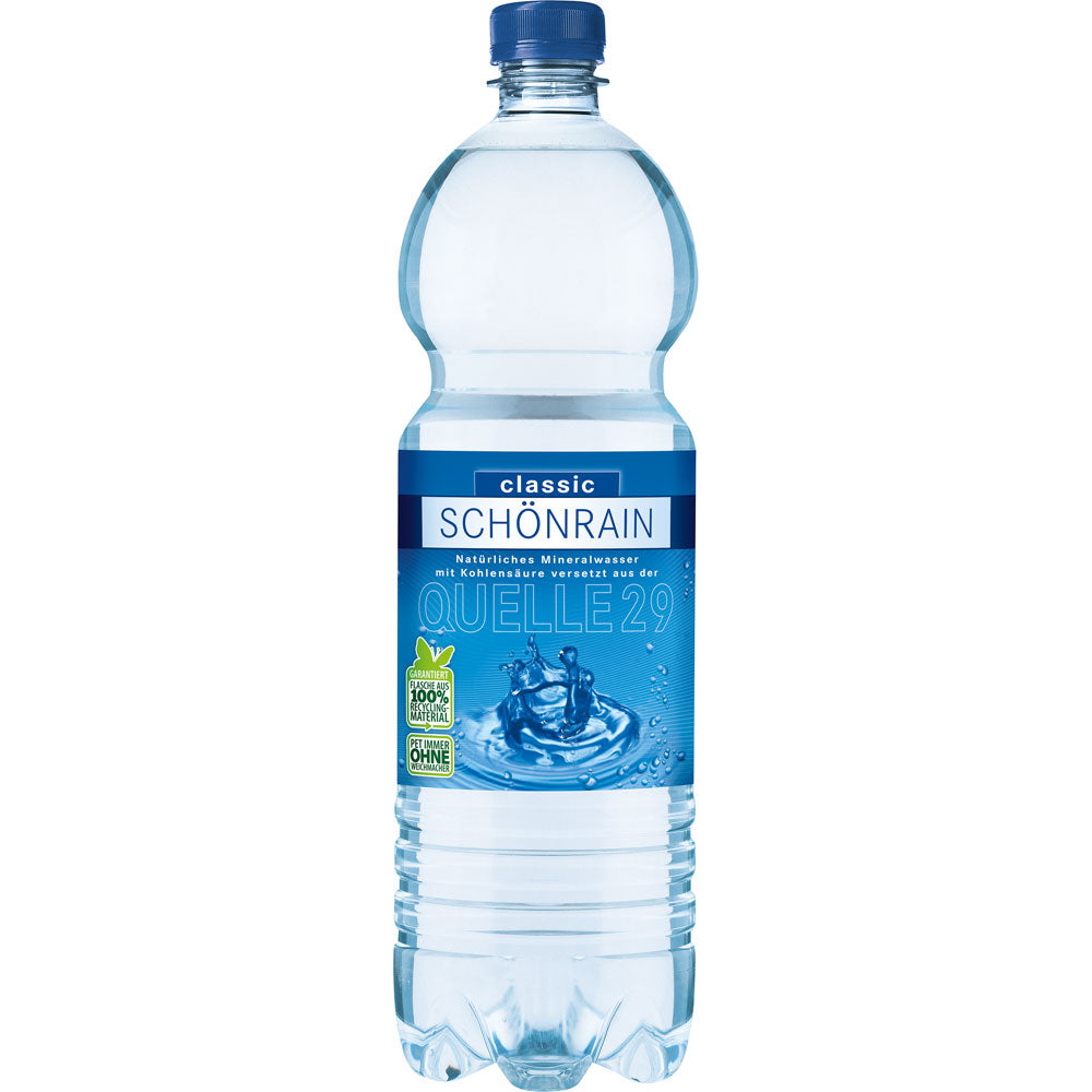 Eine Flasche Schönrain Quelle Classic Mineralwasser (1L PET, blaues Etikett und Verschluss), aus der 9x1L EINWEG Packung.