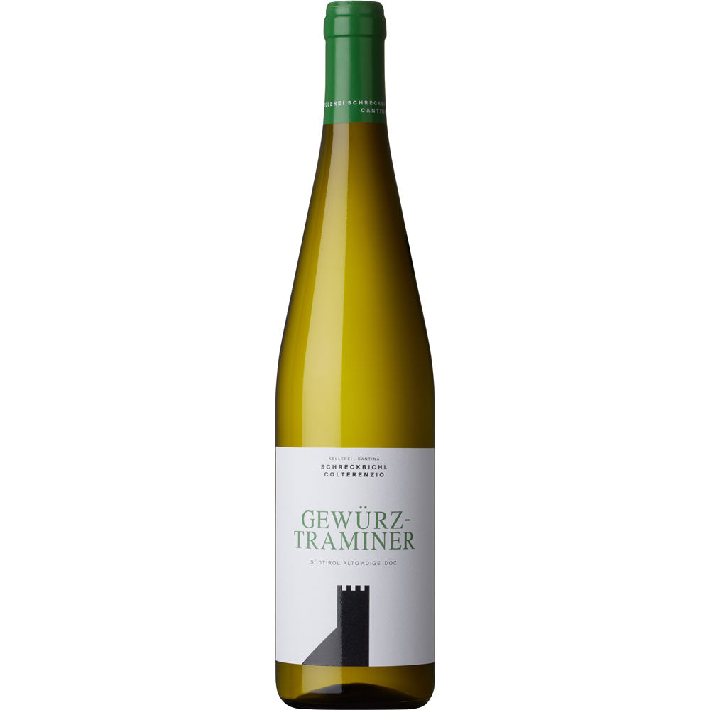 Eine Flasche Schreckbichl Colterenzio Gewürztraminer Alto Adige DOC 2024 mit grünem Verschluss und minimalistischem weißen Etikett.