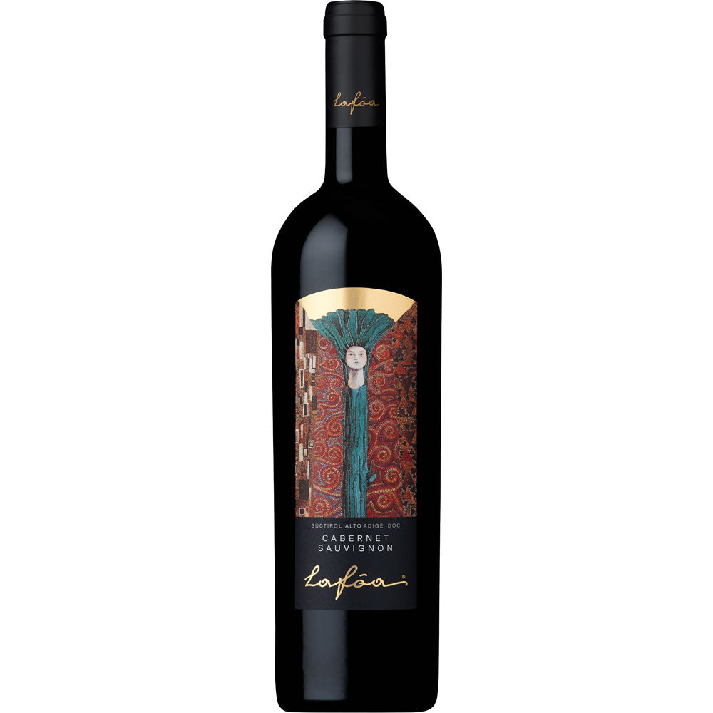 Eine Schreckbichl Colterenzio Lafóa Cabernet Sauvignon Riserva DOC 2021 Weinflasche mit einem kunstvollen Etikett, das eine stilisierte Figur und rote Muster zeigt und die Eleganz des Südtiroler Rotweins verkörpert.