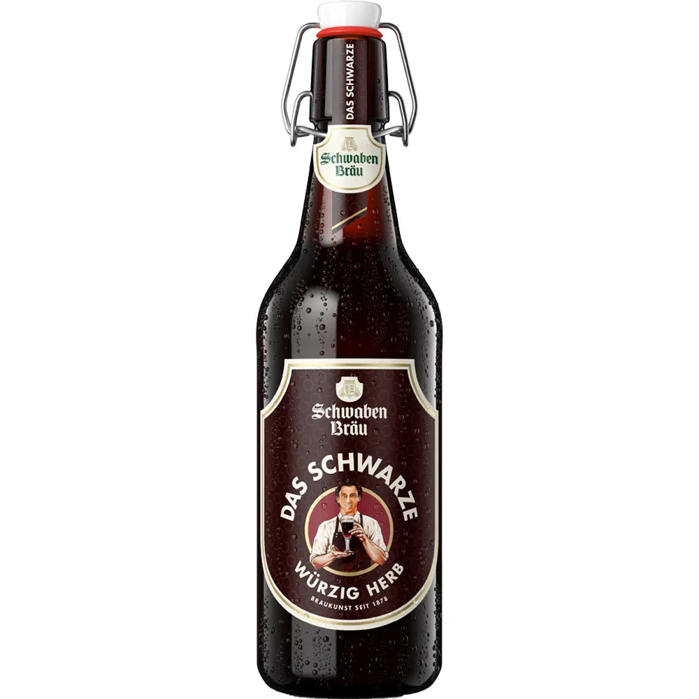 Eine 0,5L-Braunglasflasche von Schwaben Bräu Das Schwarze Bügel, ein klassisches Stuttgarter Schwarzbier mit Keramik-Bügelverschluss, erhältlich im 20er-Pack (MEHRWEG) und stellvertretend für die feinste Schwarzbierspezialität von Schwaben Bräu.