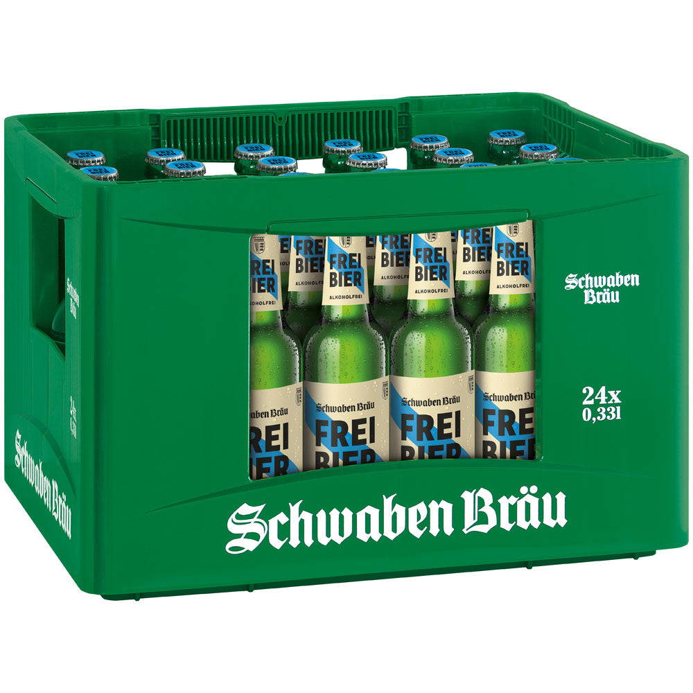 Ein grüner Kasten von Schwaben Bräu Freibier alkoholfrei enthält 24 Mehrwegflaschen mit 0,33 l alkoholfreiem Bier.