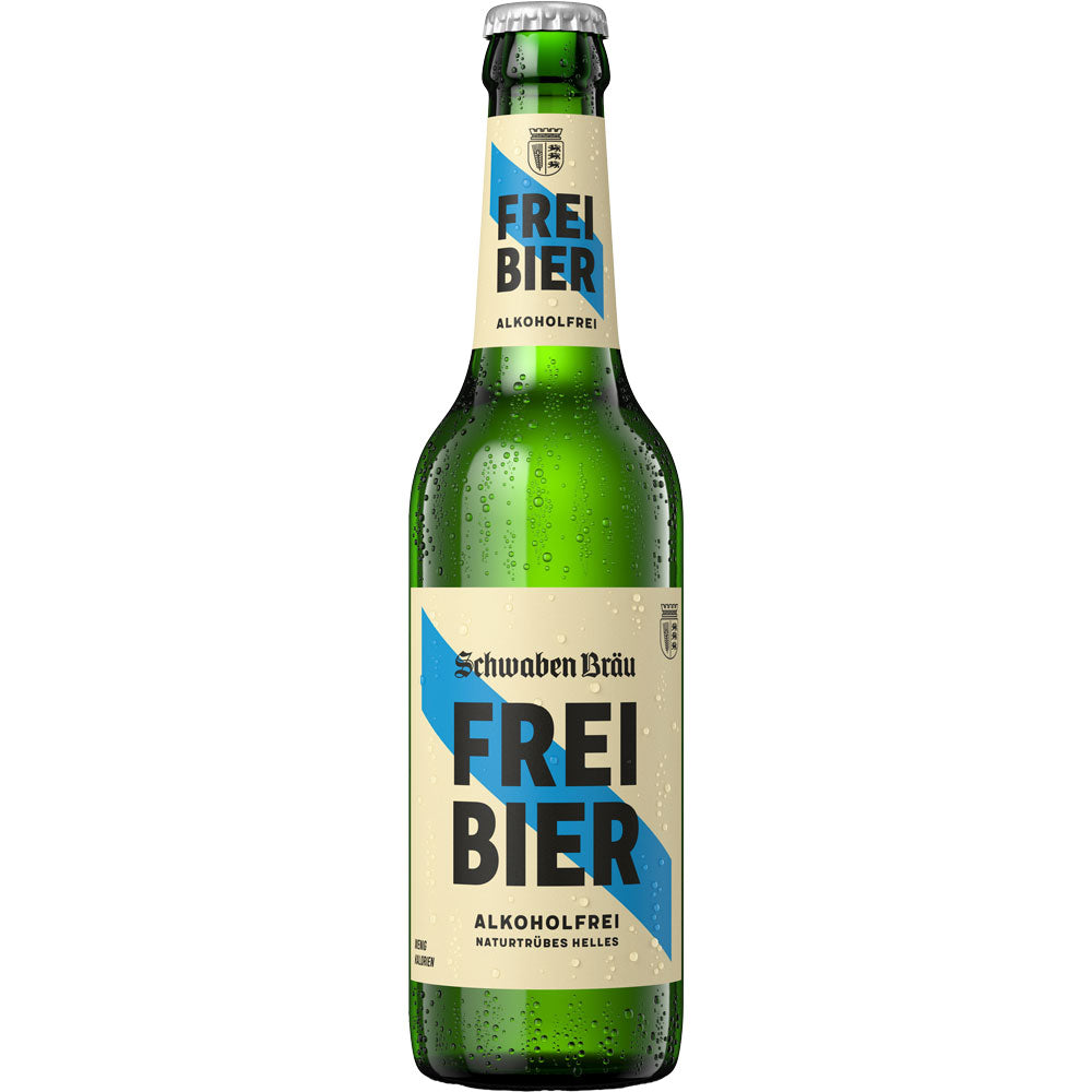 Eine grüne Glasflasche von Schwaben Bräu Freibier alkoholfrei (24x 0,33L MEHRWEG) mit einem blau-beigen Etikett im Stil des naturtrüben Helles.