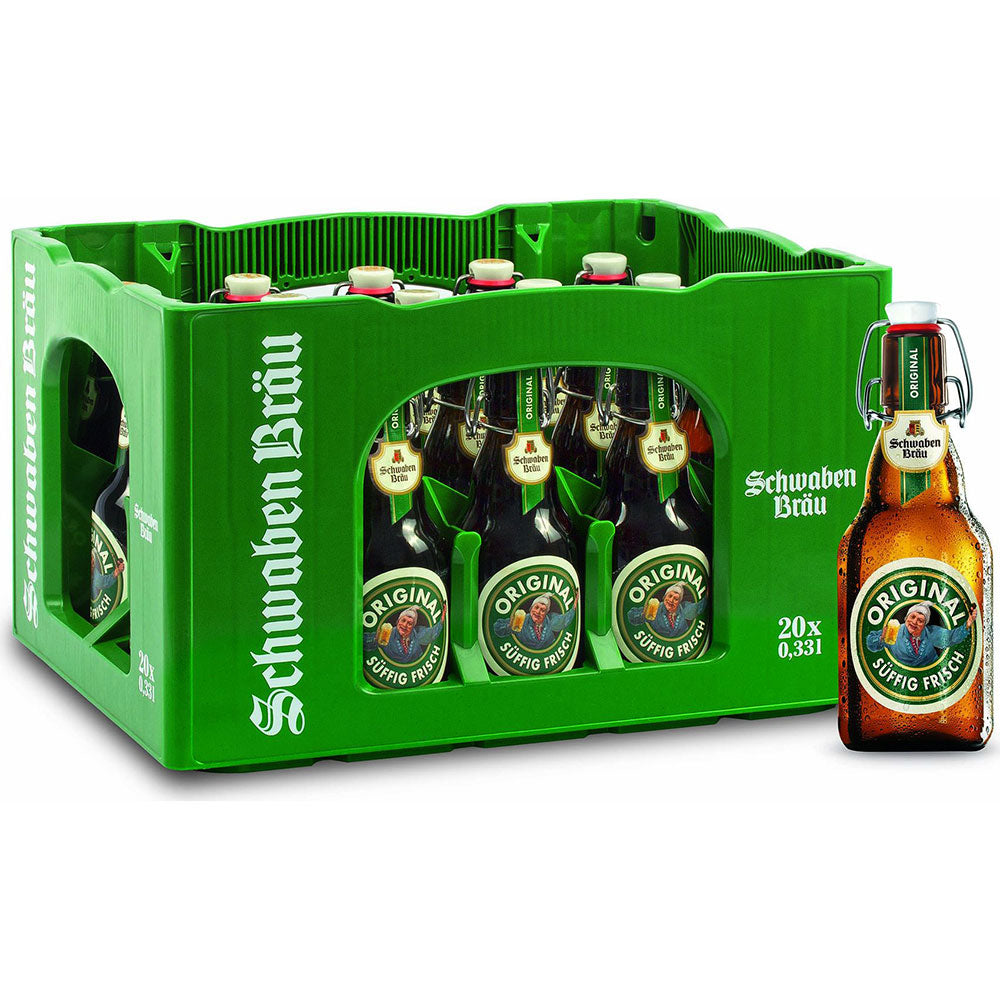 Ein grüner Kasten mit Schwaben Bräu Original Bügel 20x 0,33 Liter (MEHRWEG) Bierflaschen mit einer Flasche vorne, Etikett nach vorne.