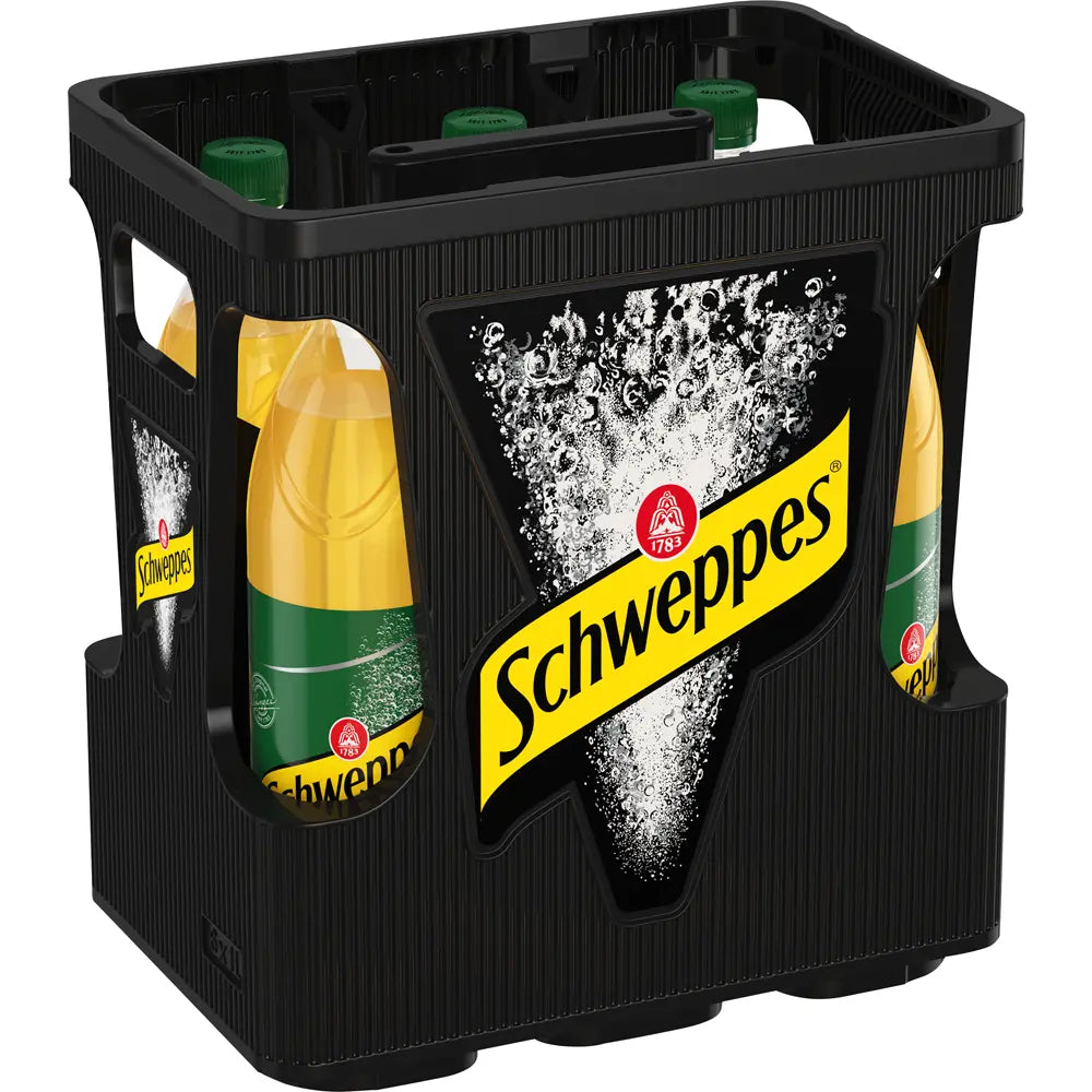 Eine schwarze Kiste mit sechs 1-Liter-Flaschen Schweppes American Ginger Ale PET (MEHRWEG), ein Erfrischungsgetränk von Schweppes, mit gelben und schwarzen Etiketten, grünen Verschlüssen und einer unverwechselbaren Ingwernote.
