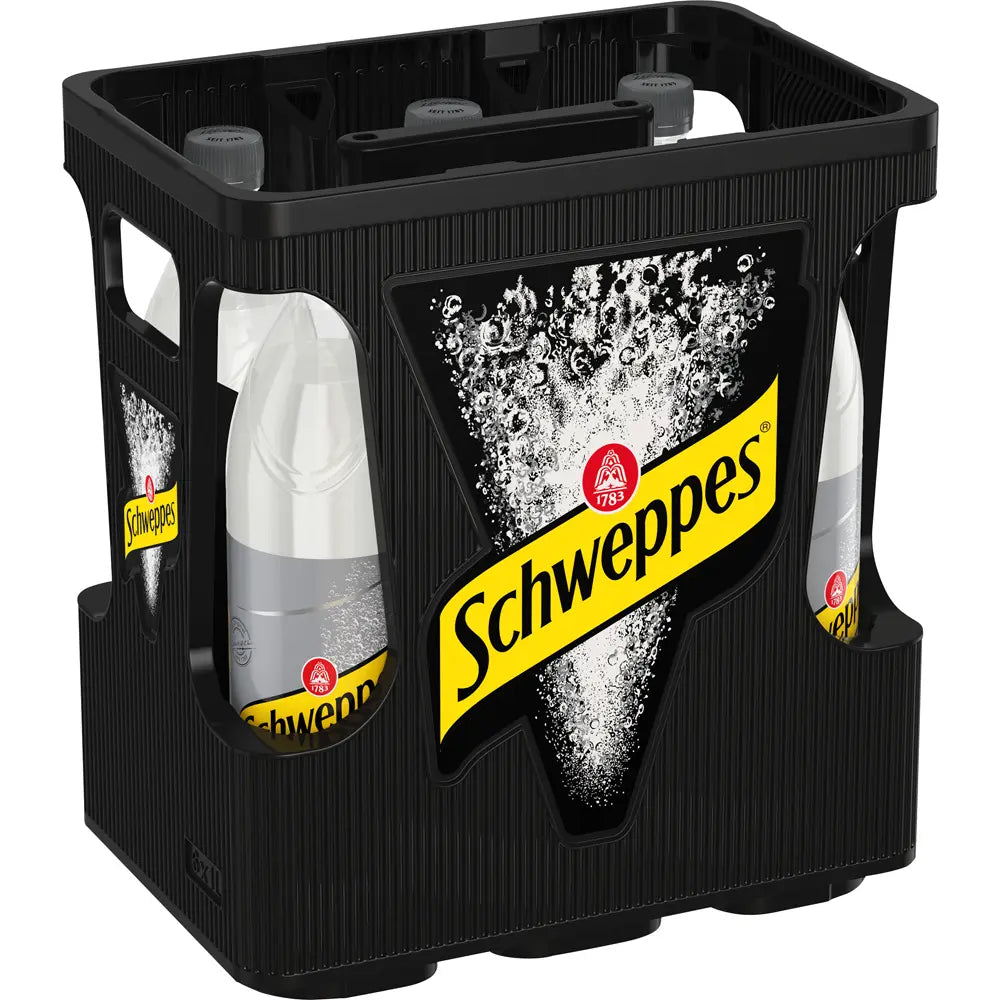 In einer schwarzen Kiste befinden sich sechs 1-Liter-PET-Flaschen Schweppes Dry Tonic Water (MEHRWEG) mit gelbem Schweppes-Logo und Blasenetikett, die sich aufgrund ihres charakteristischen bitteren Geschmacks ideal als Mixer für Gin Tonic eignen.