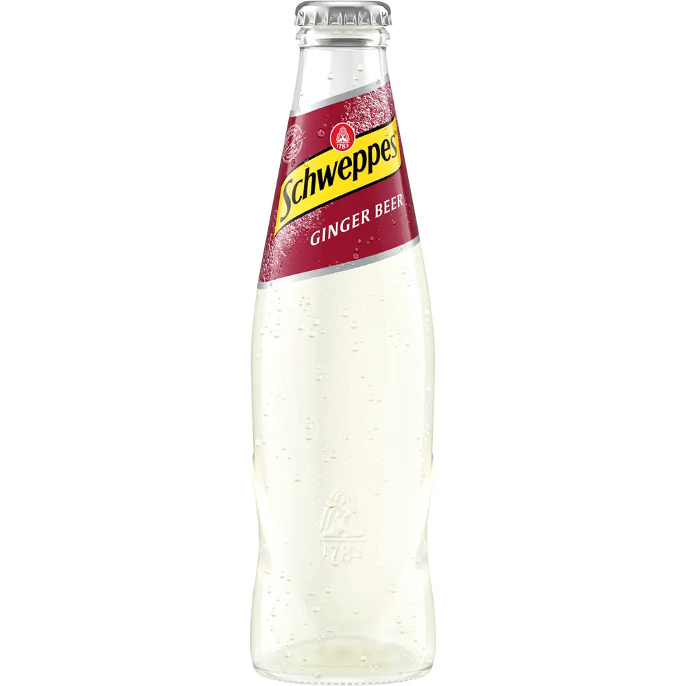 Eine recycelbare 0,2-Liter-Flasche Schweppes Ginger Beer aus einem 24er-Pack, ideal zum Mixen klassischer Cocktails wie dem Moscow Mule.