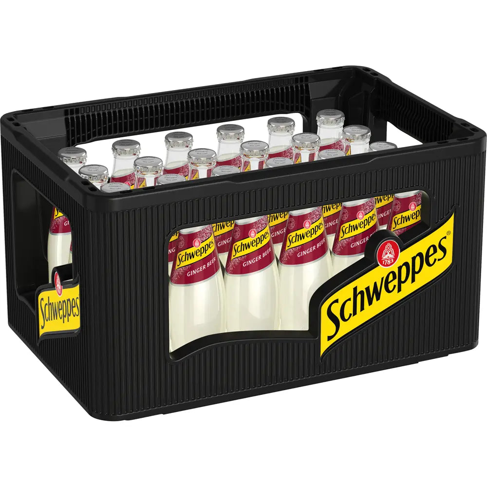 Eine schwarze Kiste mit 24 wiederverwendbaren 0,2-Liter-Flaschen Schweppes Ginger Beer - ideal zum Mixen klassischer Cocktails wie einem Moscow Mule.