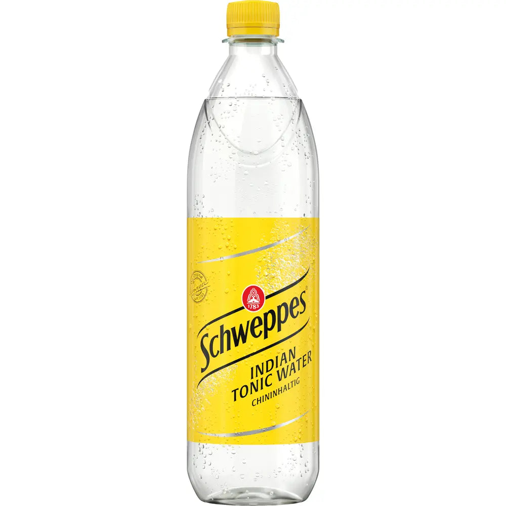 Schweppes Indian Tonic Water PET 6x1L (MEHRWEG) von Schweppes kommt in klaren Plastikflaschen mit gelben Etiketten und Verschlüssen, ideal zum Mischen in einem erfrischenden Gin Tonic oder zum puren Genuss dieses klassischen Tonic Water.
