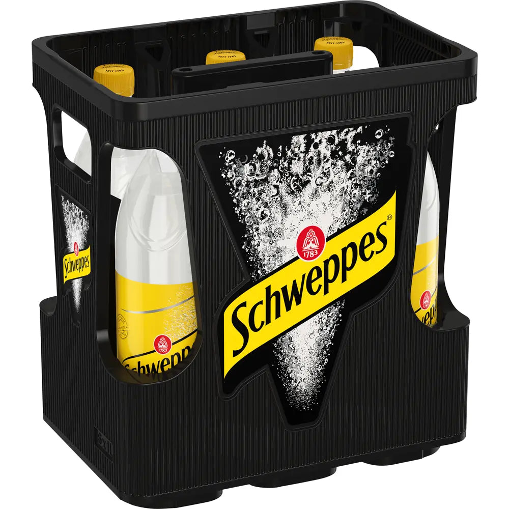 Eine schwarze Kiste mit sechs 1-Liter-Flaschen Schweppes Indian Tonic Water (MEHRWEG) - ideal für einen erfrischenden Gin und Tonic.