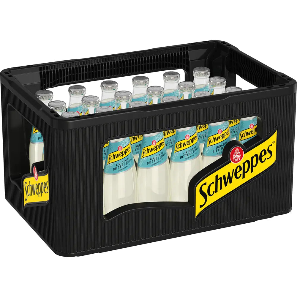 Eine schwarze Kiste enthält 24 Glasflaschen (je 0,2 l) von Schweppes Original Bitter Lemon (Mehrweg), einer erfrischenden Limonade mit einzigartigem Chinin-Geschmack.