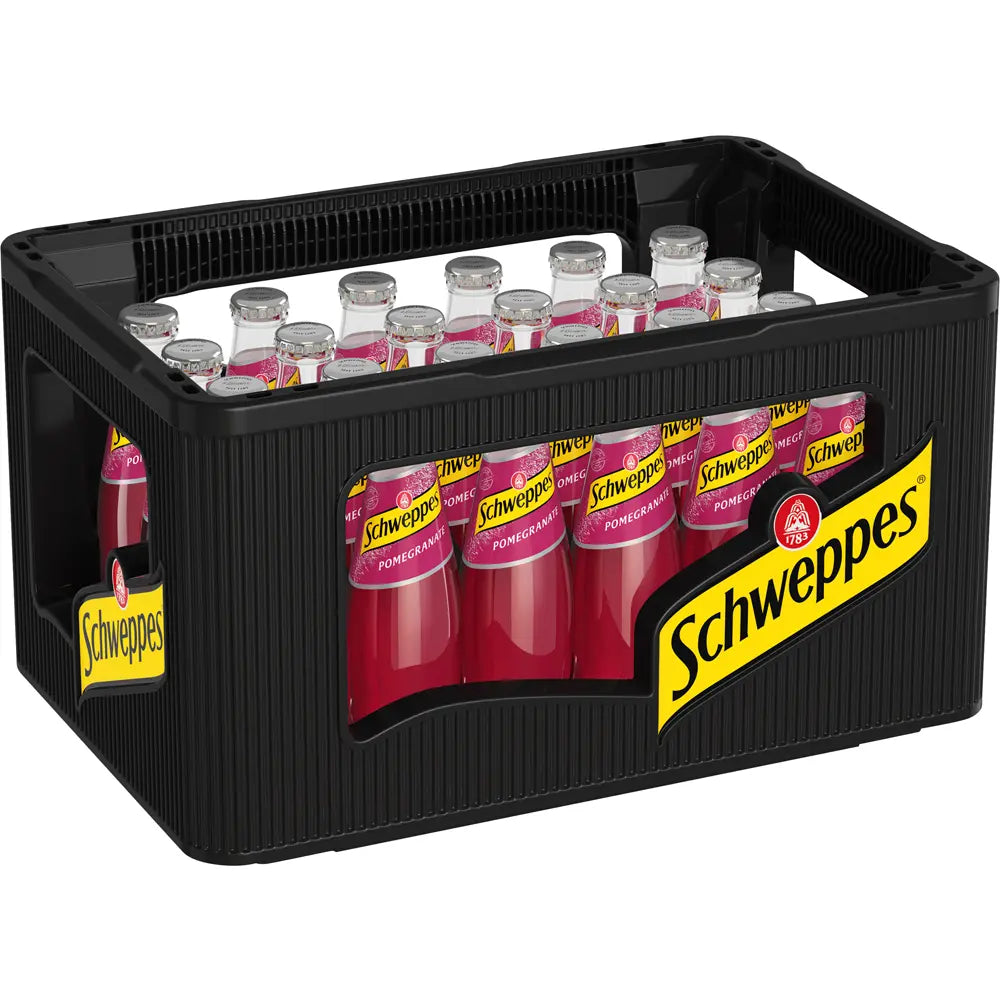 Eine schwarze Kiste mit 24 0,2-Liter-Flaschen Schweppes Pomegranate, die mit gelben Schweppes-Etiketten versehen sind und die orientalischen Aromen dieses Granatapfel-Abfüllers (MEHRWEG) betonen.