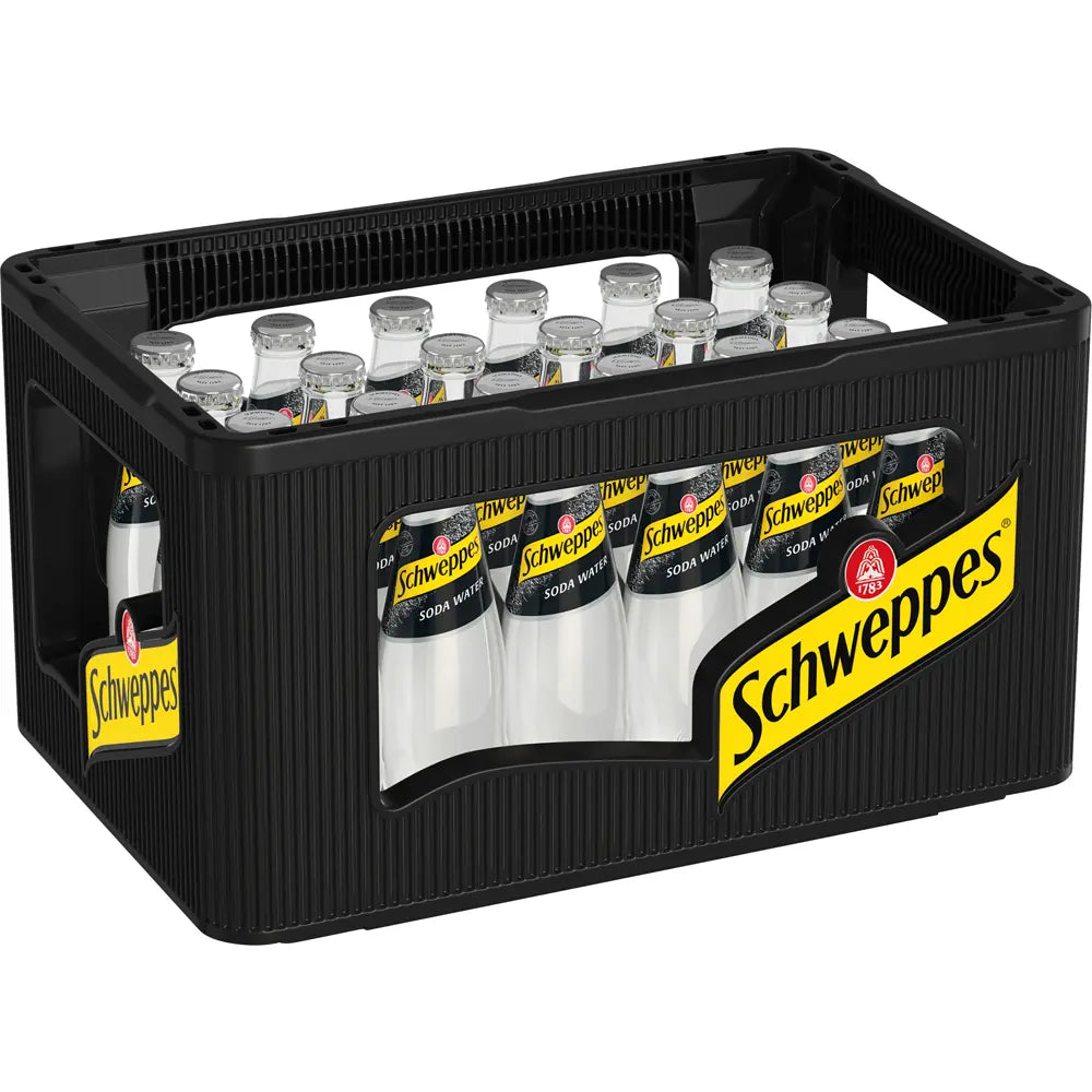 Schwarze Kiste mit 24 Glasflaschen Schweppes Soda Water (0,2 l, MEHRWEG), mit gelbem Schweppes-Branding - ideal für eine erfrischende Limonade oder einen klassischen Cocktailmixer.