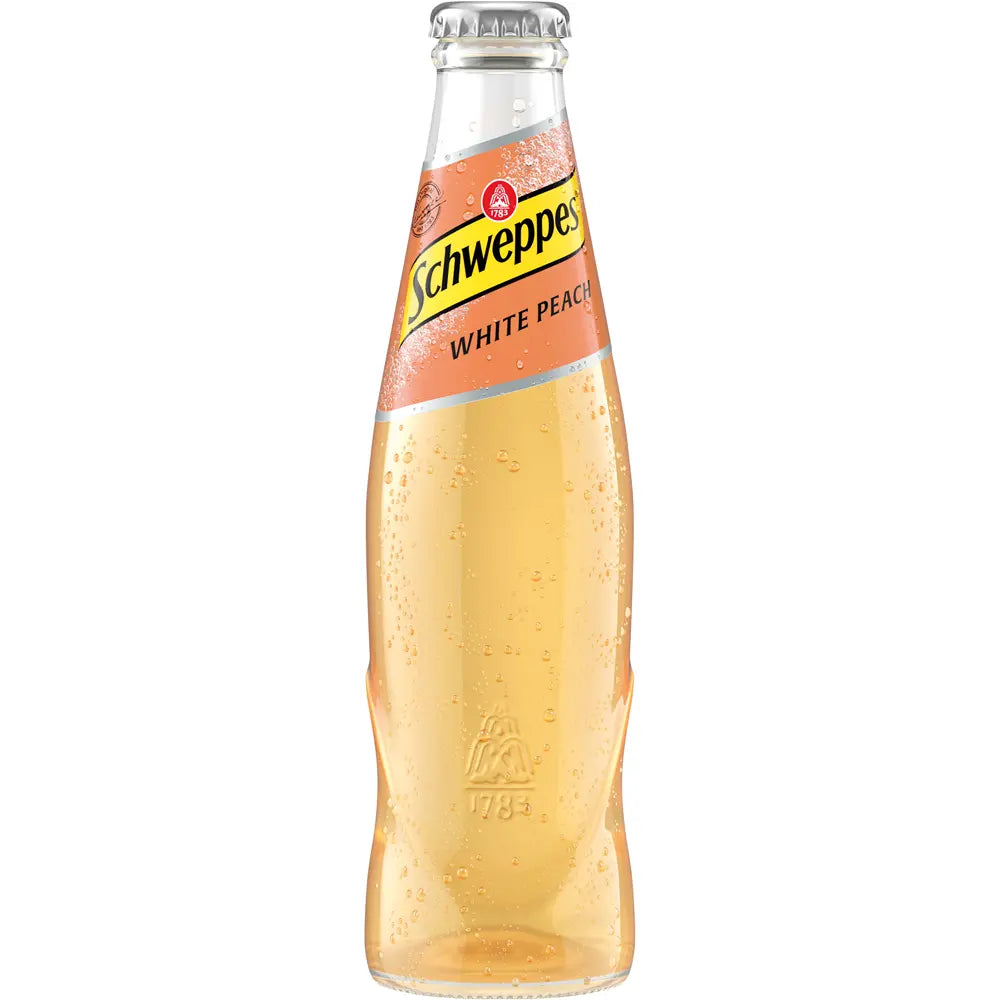 Eine 0,2-L-Glasflasche Schweppes White Peach (24er-Pack, MEHRWEG) - ideal als erfrischendes Erfrischungsgetränk oder als vielseitiger Mixer für Cocktails.
