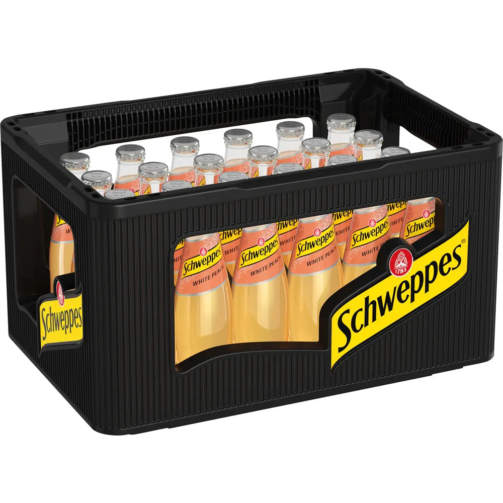 Eine schwarze Kiste mit 24 Glasflaschen Schweppes White Peach (je 0,2 l) - ideal als erfrischendes Erfrischungsgetränk oder zum Mixen von fruchtigen Cocktails.