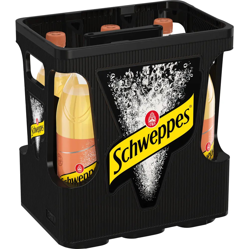 Eine Kiste Schweppes White Peach PET 6x1L - ideal zum Auffüllen von Cocktails oder zum Genießen des erfrischenden Geschmacks von weißem Pfirsich.