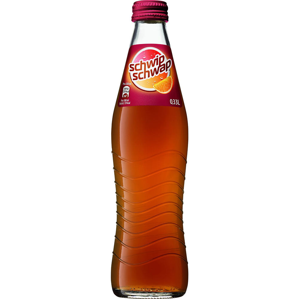 Eine 0,33L Schwip Schwap Cola Orange Limonade in einer Glasflasche mit rotem Verschluss und orangefarbenem Scheibenetikett, erhältlich als Schwip Schwap 24x 0,33 Liter (MEHRWEG).