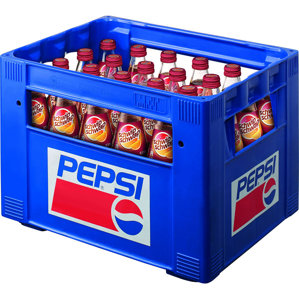 Blauer Pepsi-Kasten mit 24x 0,33L Schwip Schwap (MEHRWEG) Glasflaschen, dem erfrischenden Cola-Orange-Mixgetränk von Schwip Schwap.