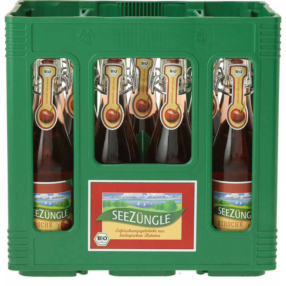 Grüne Kiste Seezüngle Kirsche 11x 0,33L (Mehrweg)-Bio-Kirschgetränk mit Bügelverschluss, das ein fruchtiges Abenteuer oder prickelnde Kirschsüße bietet. Marke: Seezüngle.
