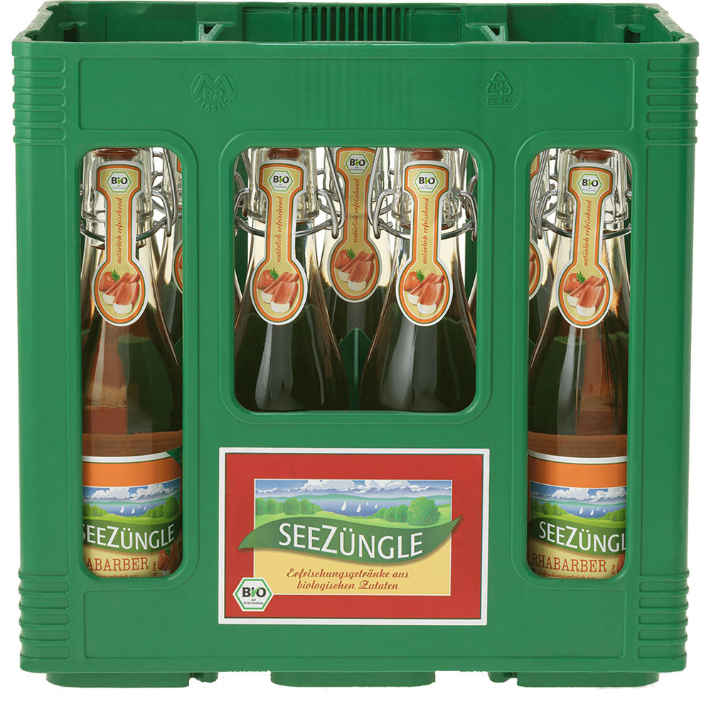 Grüner Kasten gefüllt mit Seezüngle Rhabarber 11x 0,33 Liter (MEHRWEG) Glasflaschen, sichtbar durch die offenen Seiten.