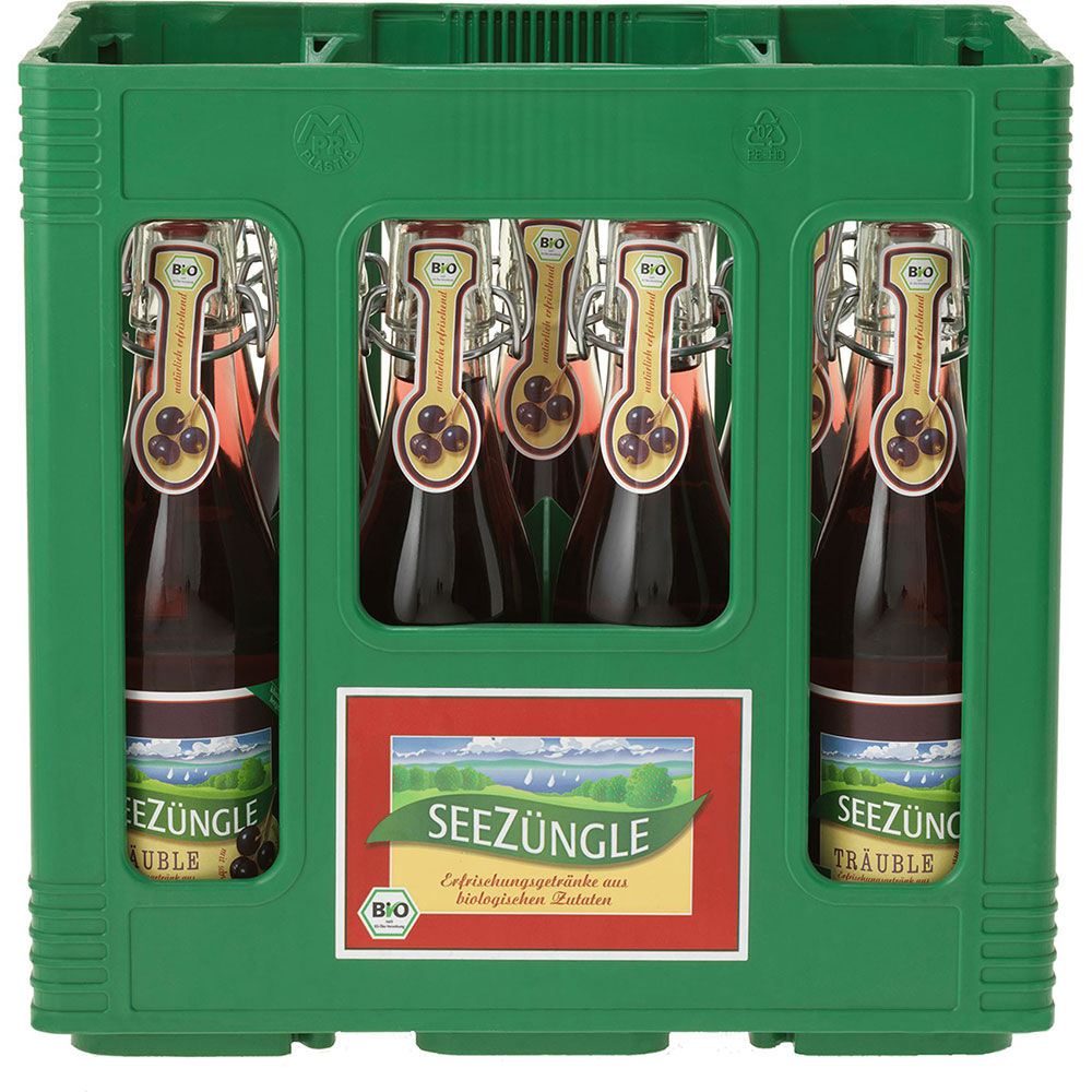 Grüne Kiste mit Glasflaschen von Seezüngle Träuble 11x 0,33L (MEHRWEG) von Seezüngle, ideal für Erfrischung und Heldenenergie. Die Flaschen sind durch die offenen Lamellen sichtbar.