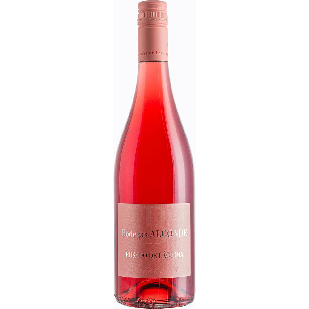 Eine Flasche Bodegas Alconde Seleccion Rosado De Lagrima 2025 Roséwein mit rosafarbenem Etikett und Verschluss hebt die lebendigen Noten des Garnacha Rosé aus Navarra hervor.