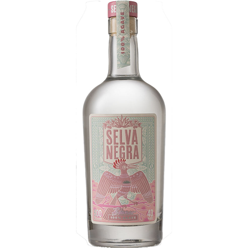 Eine 0,5-Liter-Flasche Selva Negra Blanco 40% mit einem rosa-grünen Etikett, das einen Adler und die Agave Salmiana zeigt.