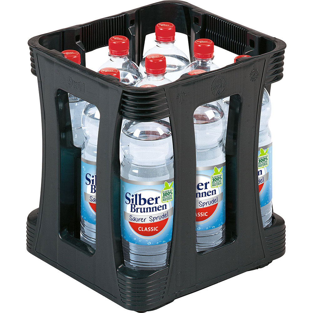 Eine schwarze Kiste mit neun 1-Liter-Flaschen Silberbrunnen Classic Sprudelwasser (EINWEG) mit rotem Verschluss, reich an Kalzium und Magnesium.