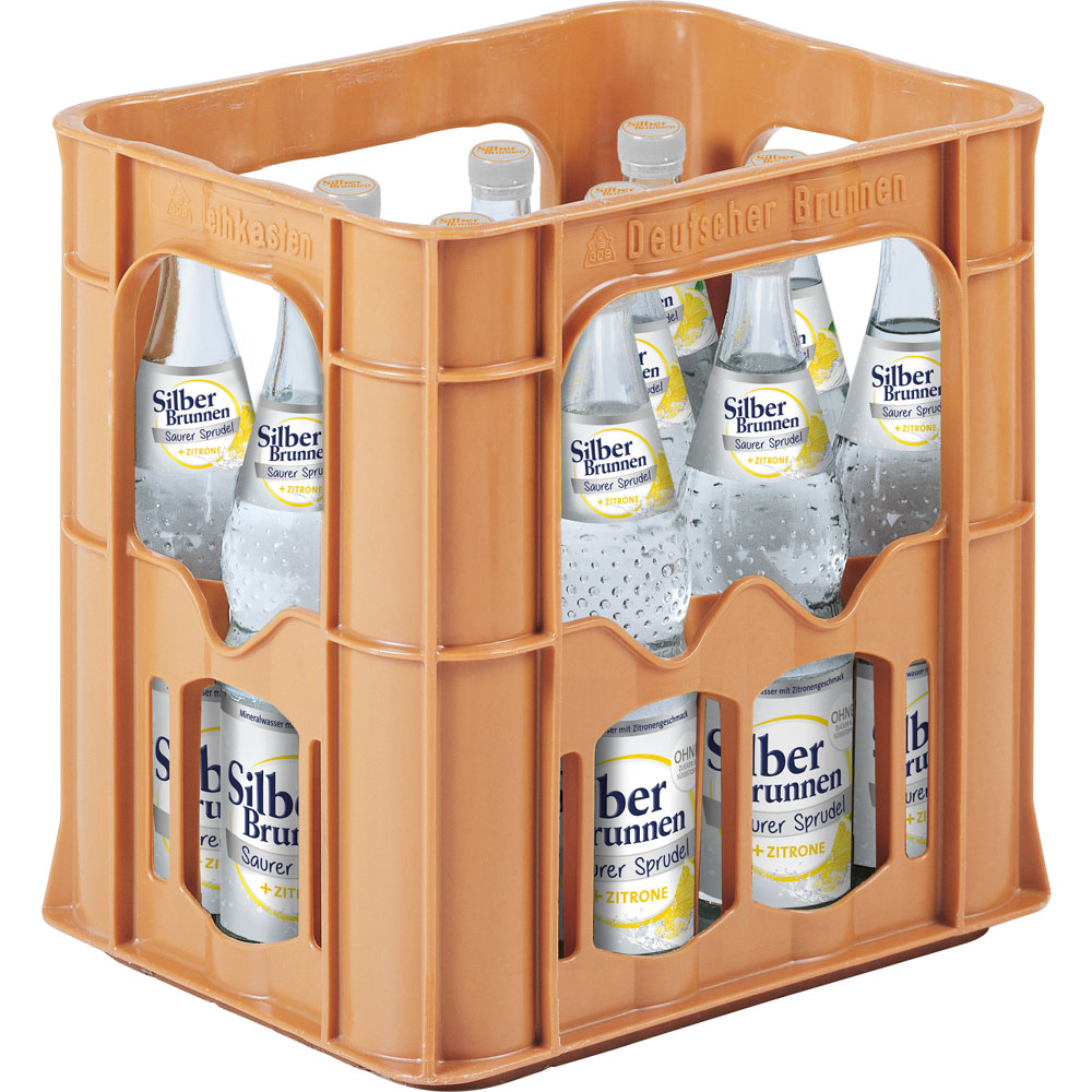 Eine braune Kiste mit 12 Flaschen Silberbrunnen saurer Sprudel + Zitrone (12x 0,7L Mehrweg) Mineralwasser.