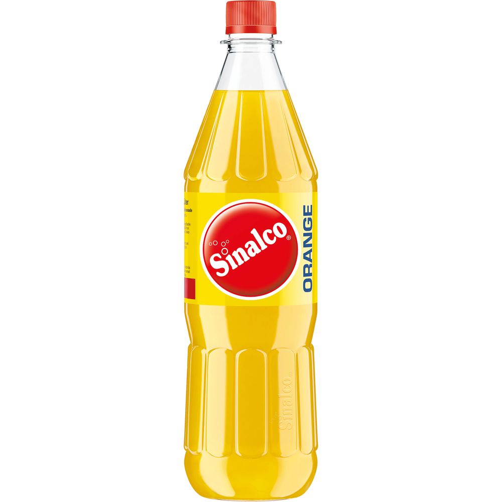 Die 1-Liter-PET-Flasche Sinalco Orange von Sinalco-MEHRWEG mit gelbem Etikett und rotem Verschluss enthält erfrischende Orangenlimonade. Erhältlich im 12er-Pack.