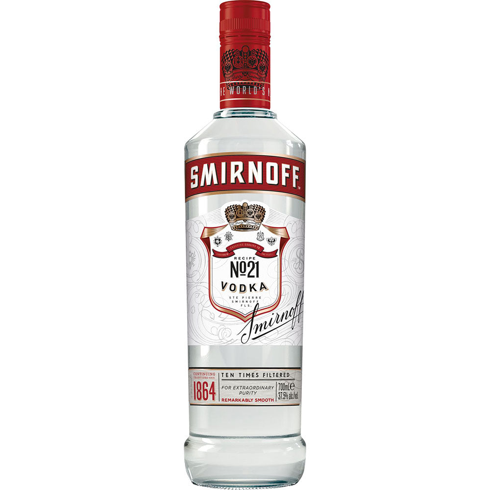 Eine 0,7-Liter-Flasche Smirnoff Wodka Red Label No. 21 (37,5%) mit dem für Smirnoff Wodka charakteristischen roten Verschluss und einem eleganten Etikett in Weiß, Rot und Silber.