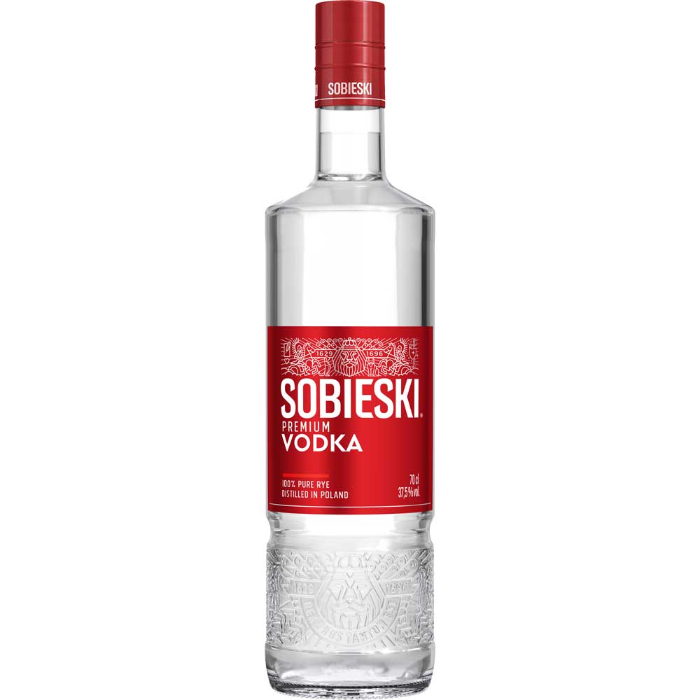 Eine klare 0,7 Liter Flasche Sobieski Premium Vodka 37,5% von Sobieski Vodka, mit rotem Etikett und Verschluss.