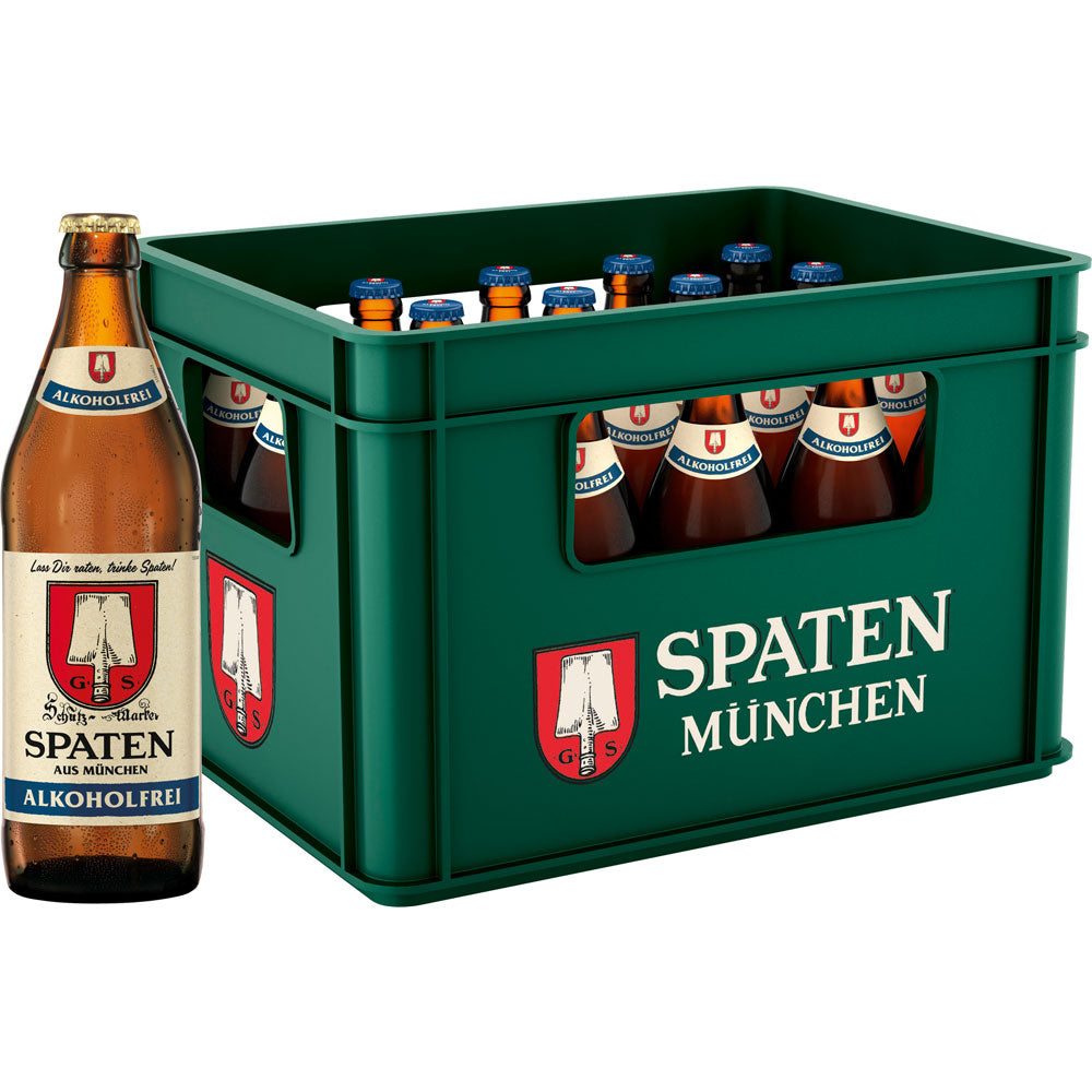 Ein grüner Kasten Spaten Hell Alkoholfrei 20x0,5L (MEHRWEG) Flaschen, mit einem alkoholfreien Helles in Front-authentische Münchner Braukunst von Spaten.