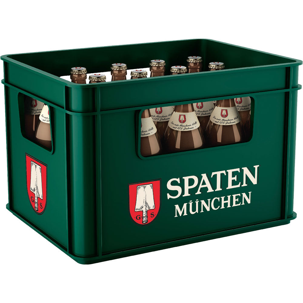 Ein grüner Kasten Spaten Münchner Hell 20x 0,5L (MEHRWEG) Flaschen mit dem Spaten-Logo und zu Ehren der bayerischen Brautradition mit klassischem Helles Bier im Inneren.