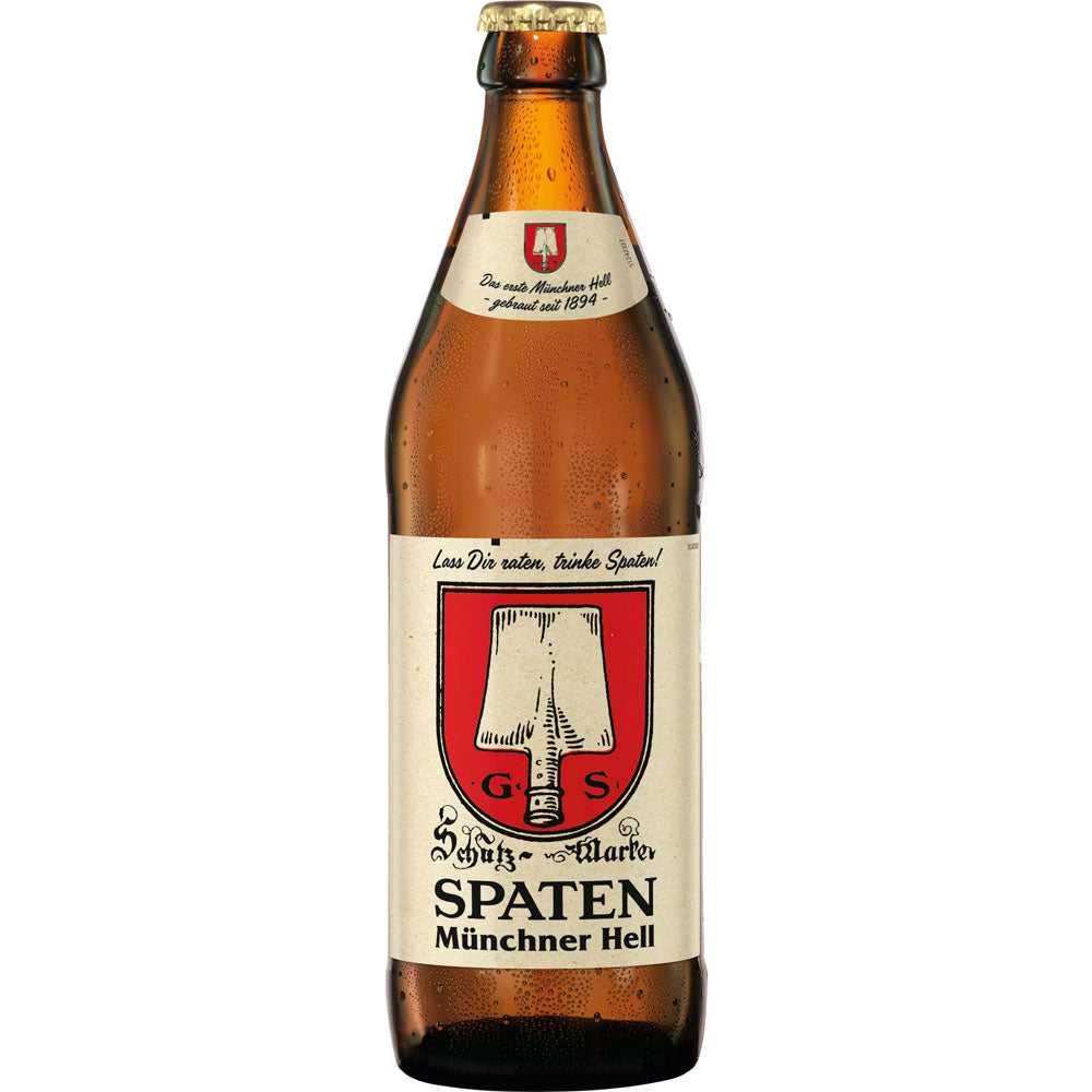 Eine Spaten Münchner Hell 20x 0,5 Liter (MEHRWEG) Bierflasche von Spaten, mit einem rot-weißen Etikett mit Spaten-Logo und deutschem Text, das den klassischen Helles-Stil und die traditionelle bayerische Braukunst verkörpert.