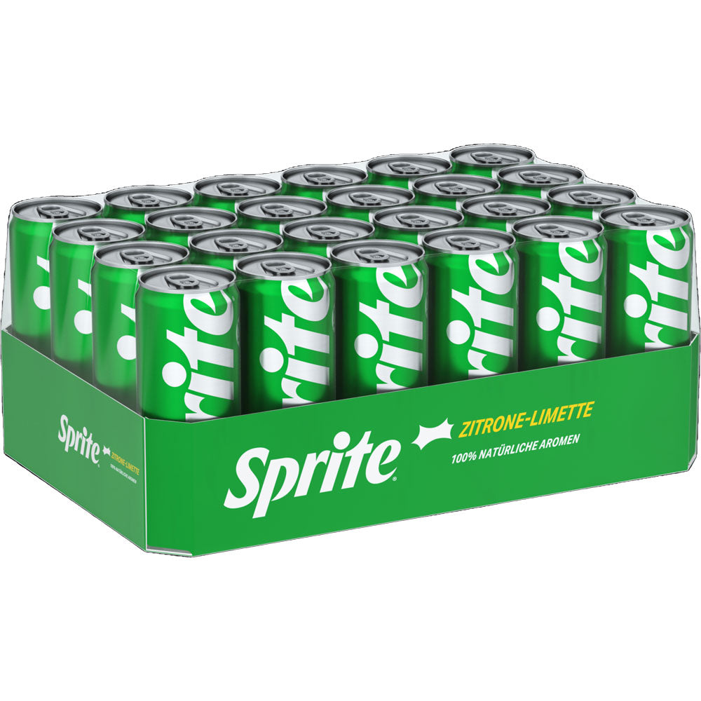 Ein Tray mit 24 Sprite EINWEG Dosen (je 0,33L), beschriftet mit "Zitrone-Limette" in grün mit weißer und gelber Schrift, mit Nährwertangaben für diese kohlensäurehaltige Zitronenlimonade.