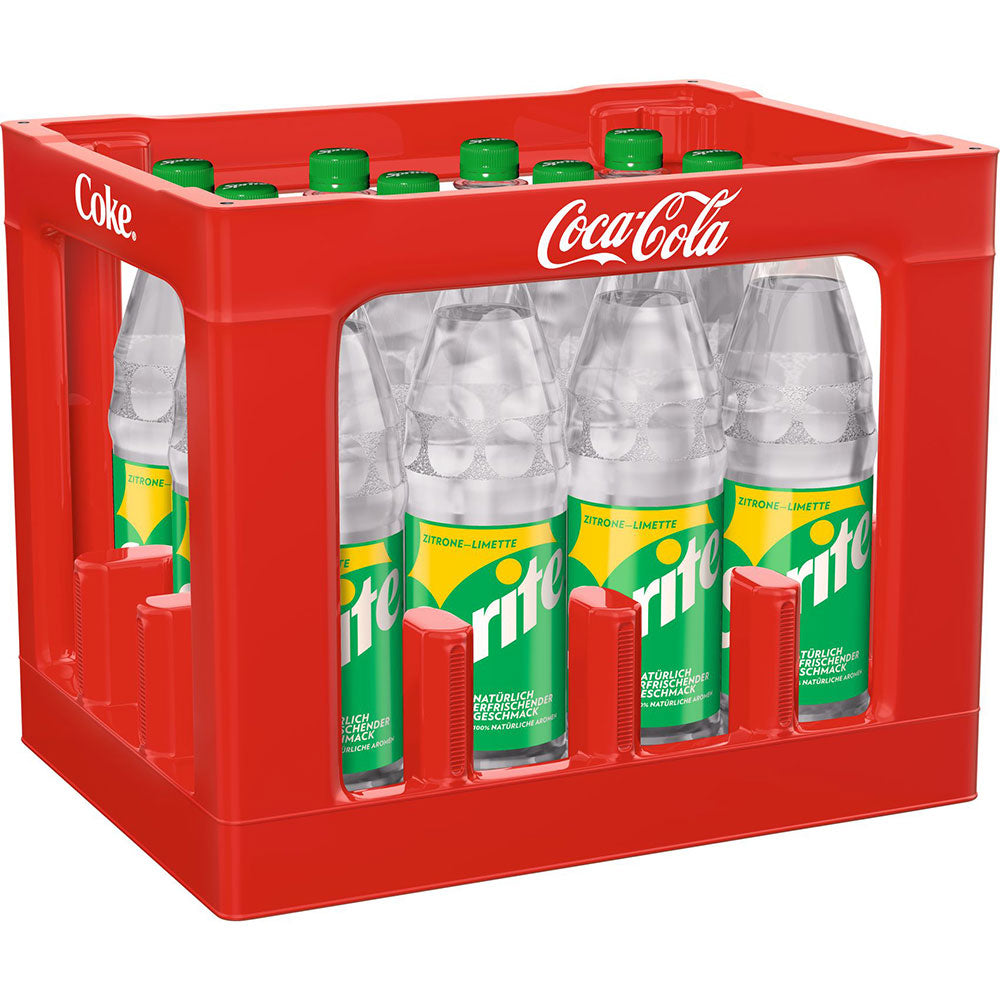 Eine rote Kiste mit zwölf 1-Liter-Flaschen Sprite PET (Mehrweg), jede mit dem klassischen Zitronen-Limetten-Geschmack und klaren Nährwertangaben auf dem Etikett.