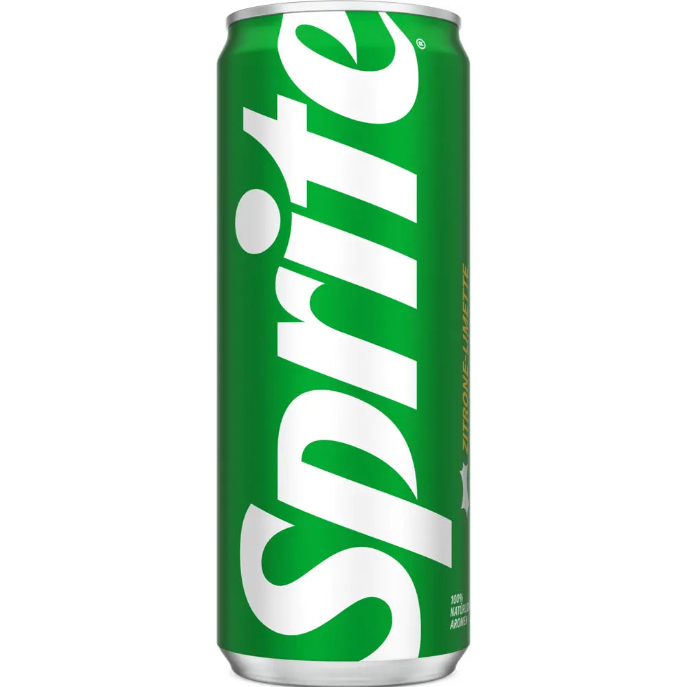 Eine grüne Dose Sprite Dose 24x 0,33 Liter (EINWEG) von Sprite, eine kohlensäurehaltige Zitronenlimonade mit fettem weißen Schriftzug auf der Vorderseite.