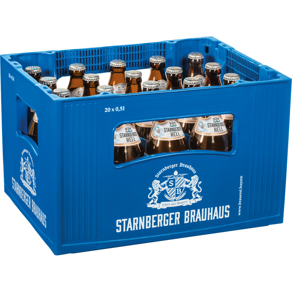 Ein blauer Kasten enthält 20 Braunglasflaschen Starnberger Hell 0,5L (MEHRWEG), ein klassisches Bier der Marke Starnberger.