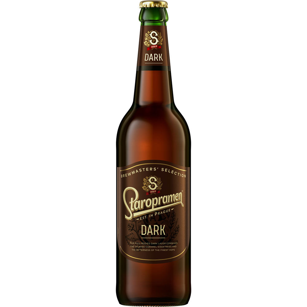Eine Flasche Staropramen Dark Lager 20x 0,5 Liter (MEHRWEG) von Staropramen, ein klassisches tschechisches Bier mit einem braunen Etikett mit goldener Schrift auf weißem Grund.
