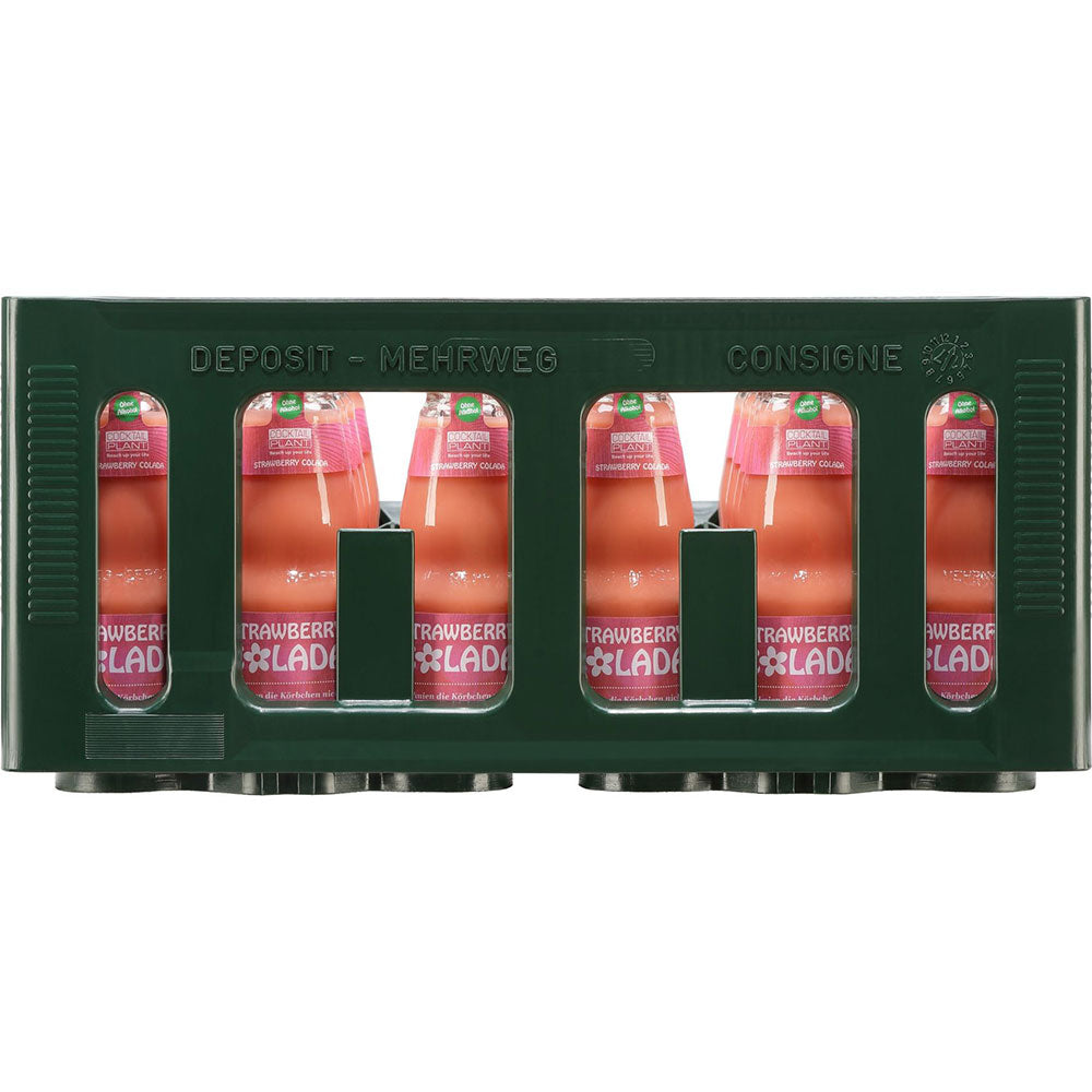 24 Glasflaschen Cocktail Plant Strawberry Colada alkoholfrei (je 0,2L) in grüner Mehrwegkiste, mit MEHRWEG-Pfandetikett auf der Oberseite.