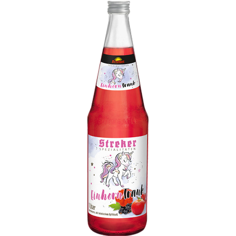 Eine 1L-Glasflasche Streker Einhorntrank (6er-Pack, MEHRWEG) von Streker, ein kalorienarmes Erfrischungsgetränk mit Einhorn- und Fruchtmotiven auf dem Etikett.