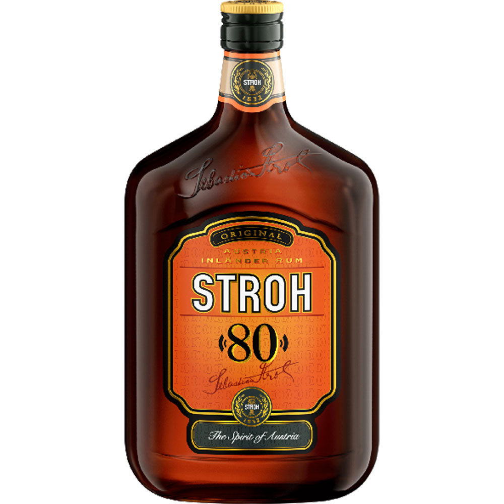Eine 0,5L Flasche Stroh Original Inländer Rum 80%, der starke österreichische Rum, mit dem klassischen orange-schwarzen Etikett.