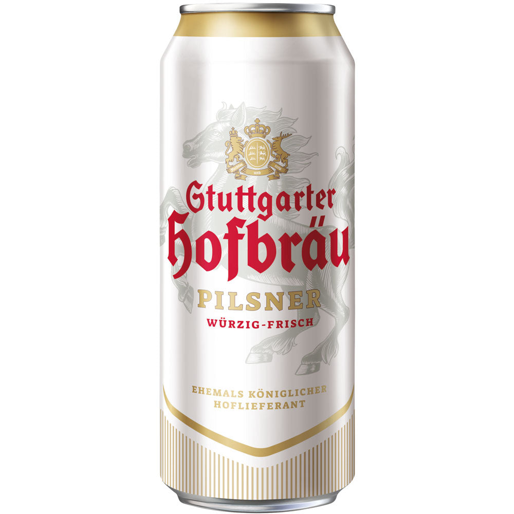 Eine Dose Stuttgarter Hofbräu Pilsner Dose 24x 0,5 Liter (EINWEG) von Stuttgarter Hofbräu ist mit rot-goldener Schrift, einem dezenten Pferdemotiv und echter schwäbischer Braukunst verziert.