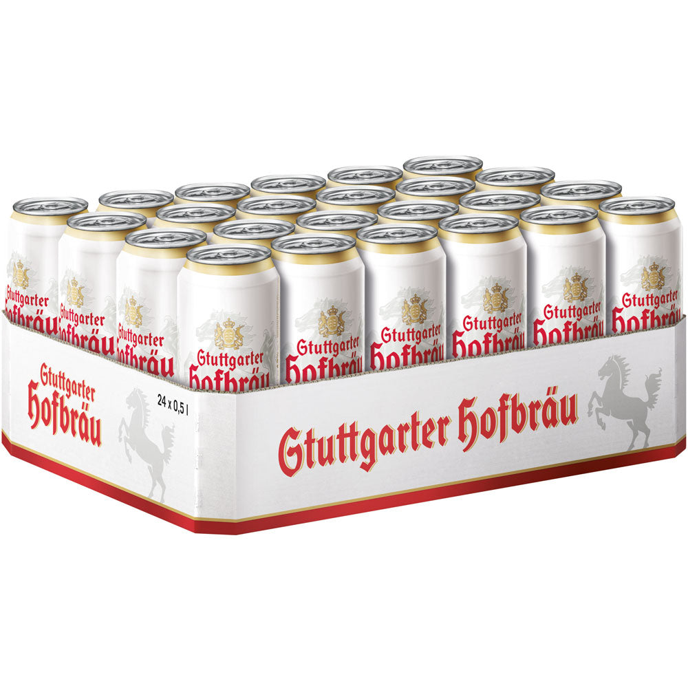 Eine Kiste mit 24x0,5L Stuttgarter Hofbräu Pilsner Dosen (Einweg) im weiß-roten Karton, mit echter schwäbischer Braukunst.