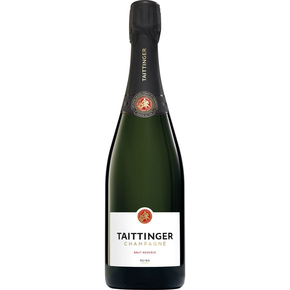 Eine 0,75-Liter-Flasche Taittinger Champagner Brut Réserve von Taittinger mit einem schwarzen Folienverschluss und einem eleganten weißen Etikett.