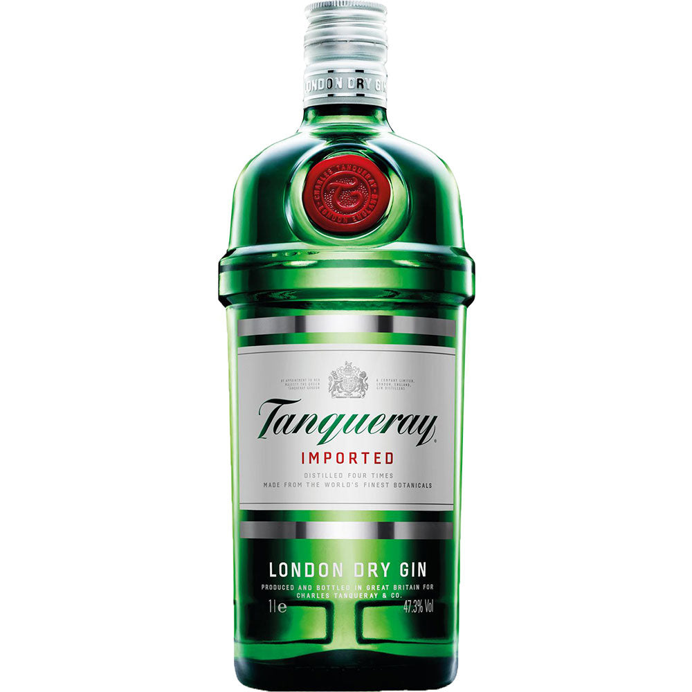 Eine grüne 1L-Flasche Tanqueray Gin London Dry (41,3%) mit silbernem Etikett und roten Akzenten, die klassische Gin-Herstellung und Wacholder in jedem Schluck hervorhebt.